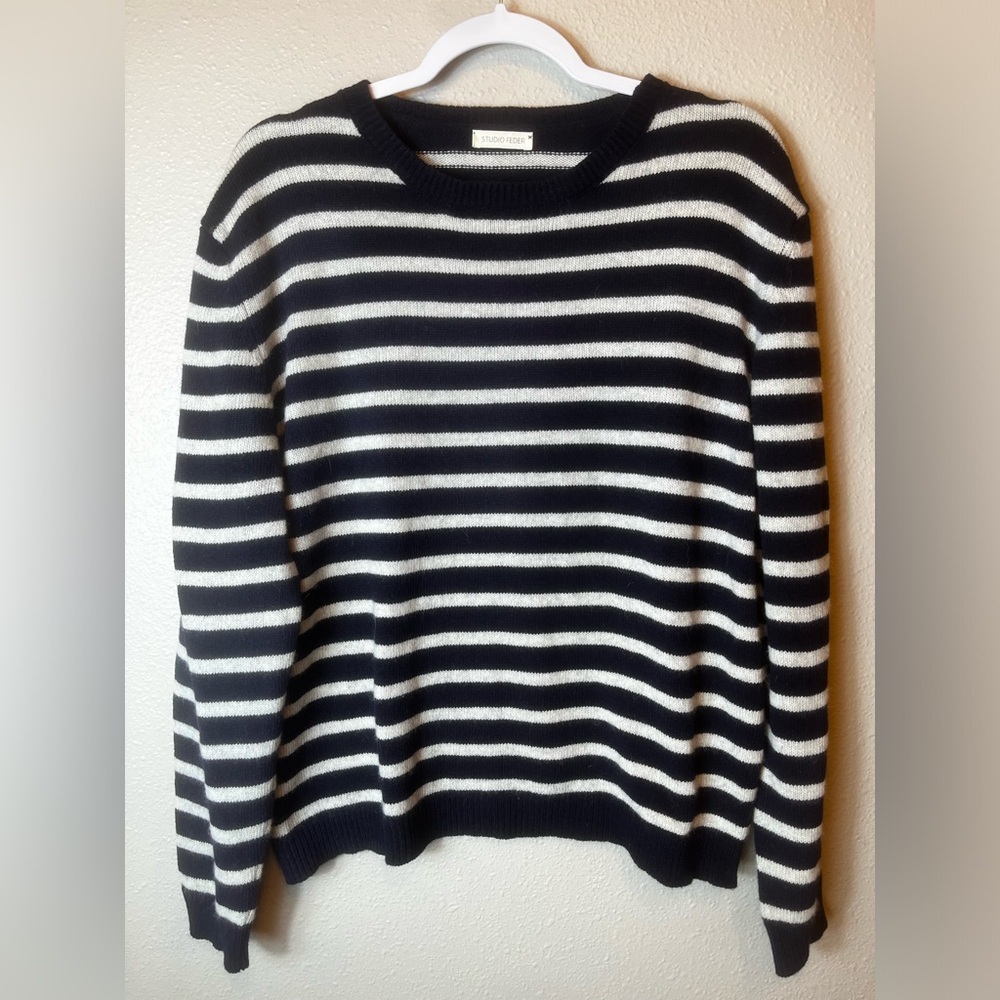 STUDIO FEDER Danish Baby Alpaca and Wool Blend Grey/Blue Striped Sweater Sz M